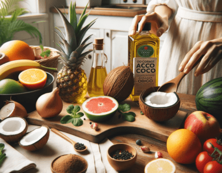 un frasco de aceite de coco, cocos y fruta frescos con una chica en una cocina al fondo