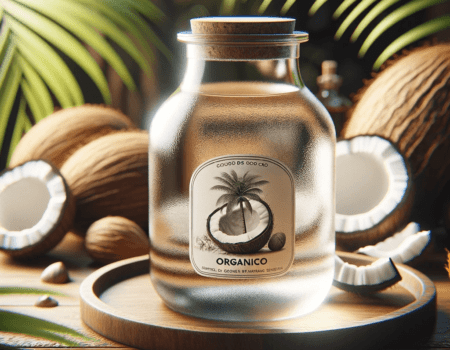 aceite de coco orgánico en un vidrio de cristal