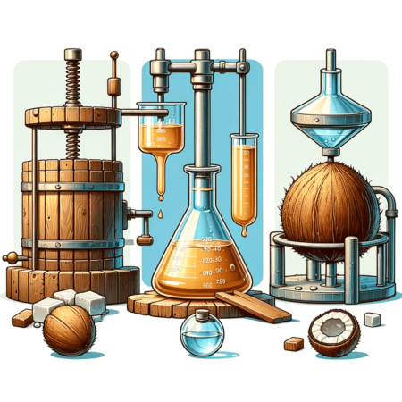 Imagen ilustrativa de las tres técnicas de extracción de aceite de coco: presión, solventes y método mixto