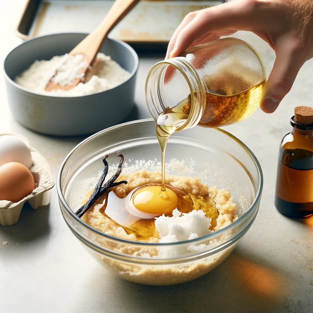 huevos con el azúcar, luego incorpora el aceite y la esencia para hacer las galletas de coco y avena