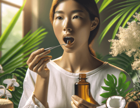 Una mujer realizando oil pulling con aceite de coco, en un ambiente tranquilo y enfocado en la salud dental natural, sosteniendo un frasco de aceite de coco, con una expresión calmada y concentrada, y elementos de spa y bienestar alrededor