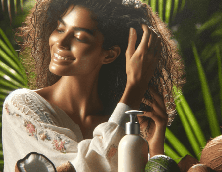 Imagen realista de una mujer sonriendo mientras aplica aceite de coco en su cabello largo y brillante, con un frasco de aceite de coco y cocos frescos al fondo