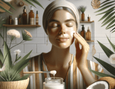 Una mujer serena aplicando aceite de coco en su rostro, en un entorno relajante con elementos naturales, destacando los beneficios del aceite para la piel facial