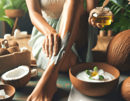 Imagen de una mujer aplicando aceite de coco en su cuerpo, en un espacio de bienestar con toallas suaves y elementos de spa, reflejando un momento de cuidado personal