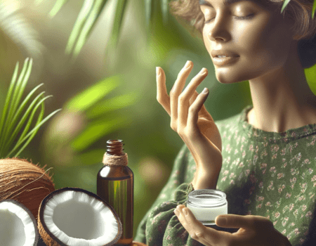 Una mujer aplica suavemente aceite de coco en sus labios con los dedos, en un entorno tranquilo y natural, con plantas verdes y luz suave, mostrando una expresión de cuidado y satisfacción personal