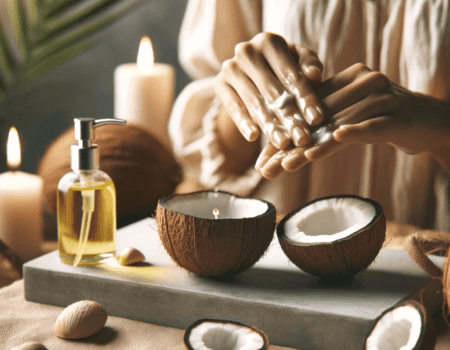 Imagen de una mujer nutriendo sus manos con aceite de coco, mostrando la piel suave y cuidada, en un entorno calmado con velas y plantas, simbolizando el autocuidado y la naturalidad