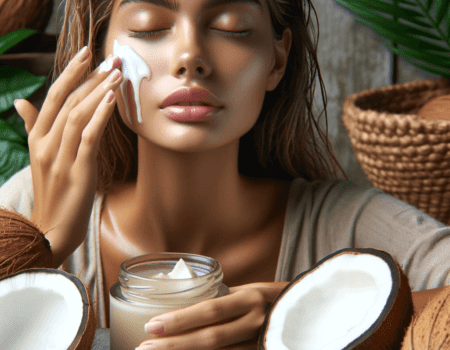 Detalle de una mujer con los ojos cerrados aplicando aceite de coco en sus párpados, en un ambiente sereno que sugiere cuidado personal, con luz suave y elementos naturales alrededor, reflejando un momento de relajación facial
