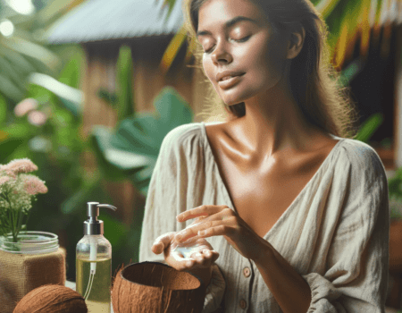Imagen detallada de una mujer extendiendo aceite de coco sobre su brazo, con piel hidratada y luminosa, en un ambiente sereno con plantas verdes y luz suave