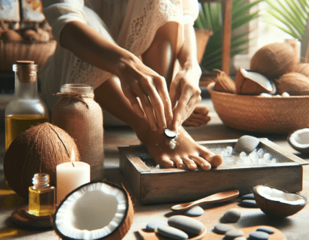 Imagen realista de una mujer aplicando aceite de coco en sus pies, sentada en un ambiente relajado con elementos de bienestar y naturaleza, como plantas verdes y piedras de spa, destacando una piel hidratada y cuidada