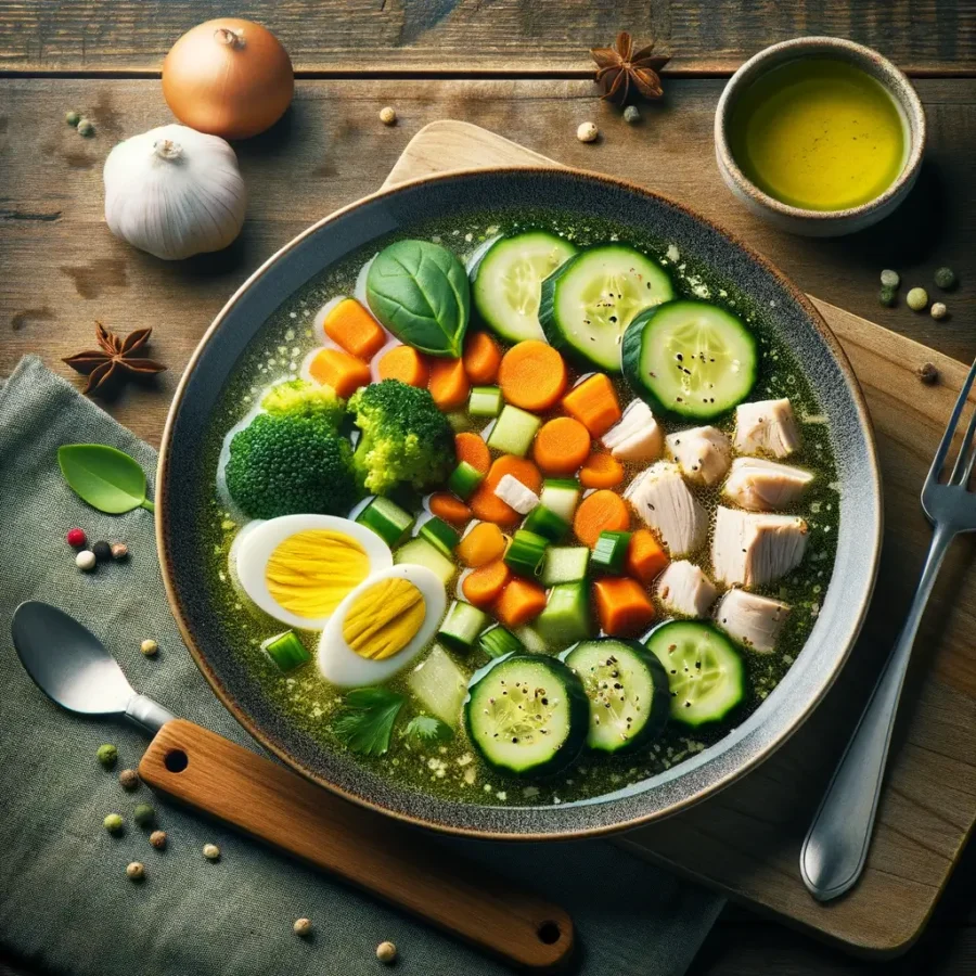 Almuerzo keto de sopa de pollo con verduras cocidas en aceite de coco, mostrando los colores vibrantes de las verduras y la textura reconfortante de la sopa