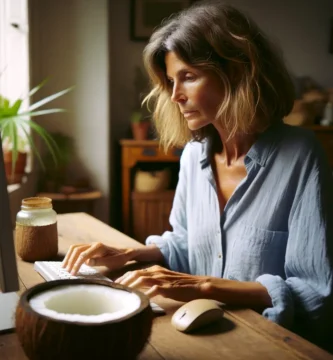 aceite de coco y una mujer mayor en un ordenador