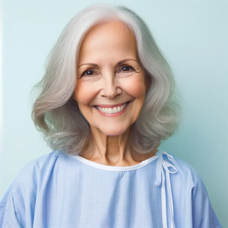 mujer de 70 años en un hospital con bata azul